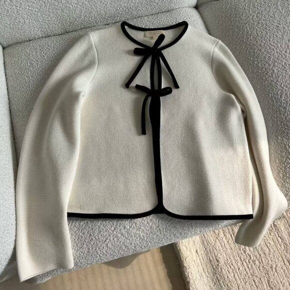 Sezane Sweaters - Sezane Susie Cardigan - Ecru with Black Details